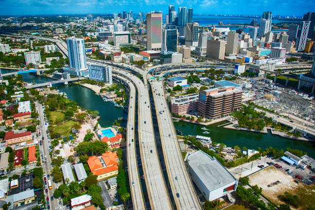 Miami, Florida - July 5, 2024: Exiting the I-95 highway and entering downtown.