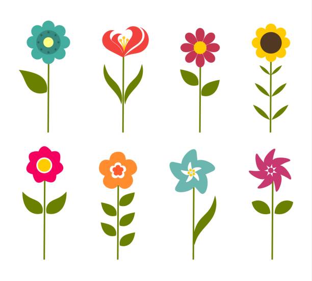 색상화 꽃 아이콘 - 식물 줄기 stock illustrations