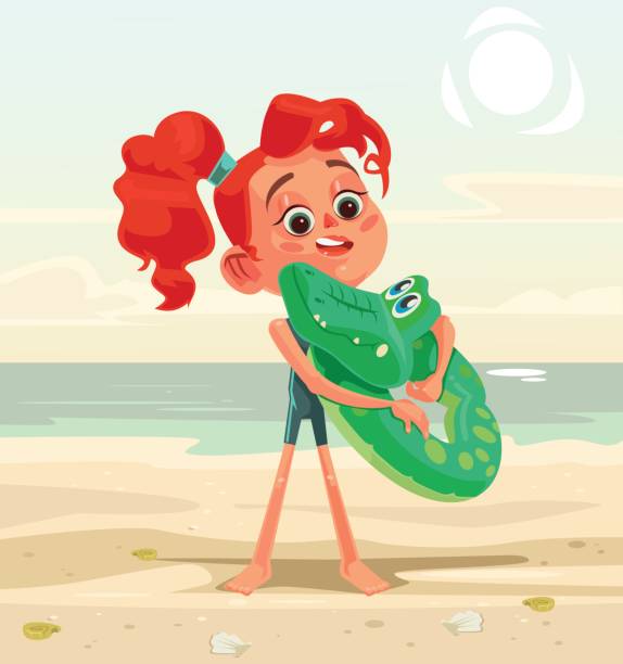 ilustrações de stock, clip art, desenhos animados e ícones de happy smiling little girl child character mascot on the beach - swimwear child inner tube little girls