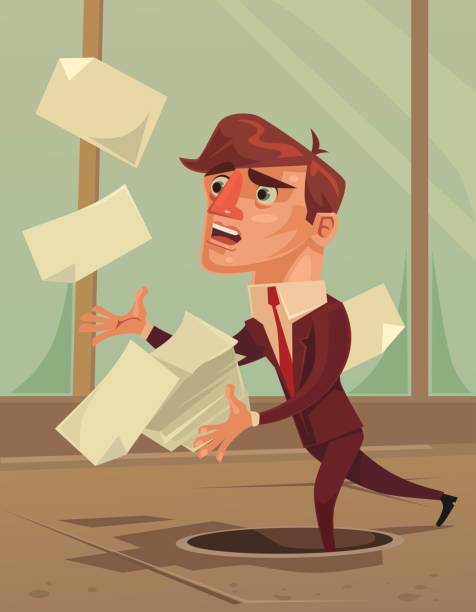 Careless inattentive businessman office worker mascot character falling down in hole Careless inattentive businessman office worker mascot character falling down in hole. Vector flat cartoon illustration Distracted stock illustrations