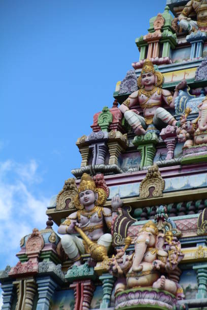 Part of the ornate exterior of the Arul Mihu Navasakthi Vinayagar Hindu temple in Victoria on Mahe island in the Seychelles.