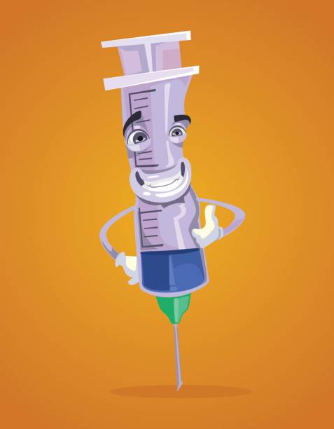 Happy smiling syringe mascot character Happy smiling syringe mascot character. Vector flat cartoon illustration flu shot happy stock illustrations