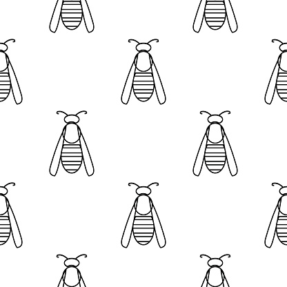 Seamless vector pattern with insects, symmetrical  black and white background with wasps