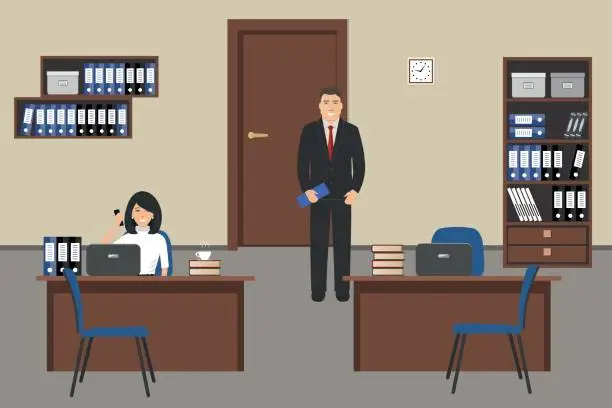 Vector illustration of Office room in a beige color. The young woman and man are employees at work