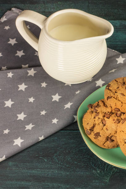 istock Chocolate chips cookies with jar of milk and copyspace 679894772