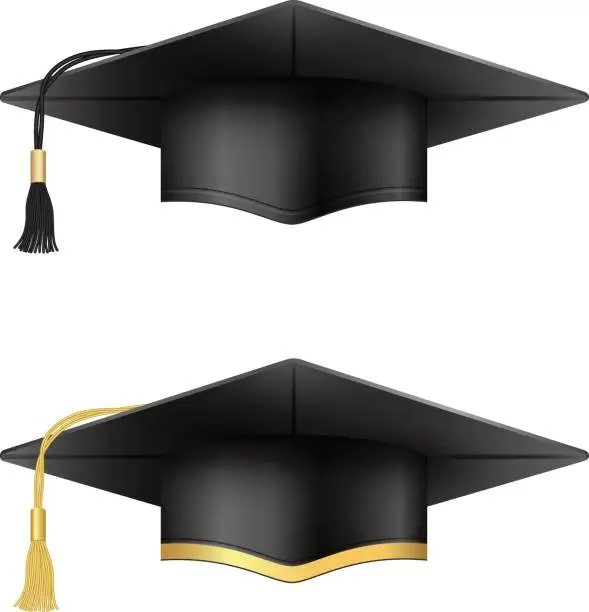 Vector illustration of Graduation cap collection. Black and golden variants.