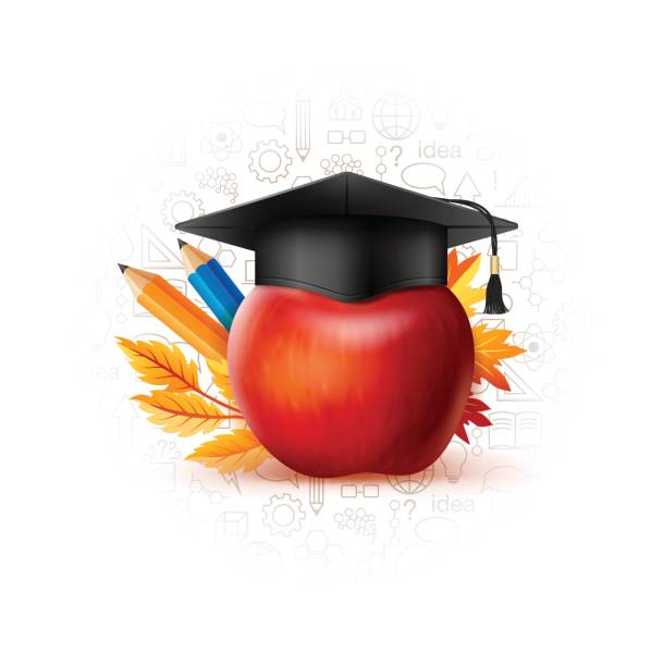 Apple With Graduation Hat And Office Accessories On The Background From Icons Stock Illustration - Download Image Now - iStock