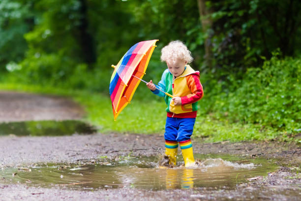 istock Child playing in the rain under umbrella 679896620
