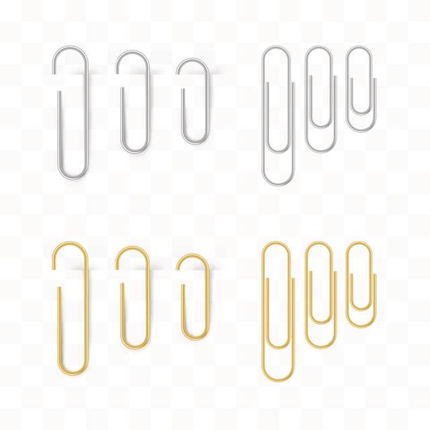 Realistic metal and gold paper clips set. Isolated and attached Realistic metal and gold paper clips set. Isolated and attached. Vector illustration in transparent technique binder clip stock illustrations