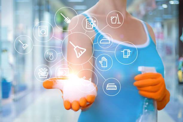 istock The cleaning lady shows icons . 679897004