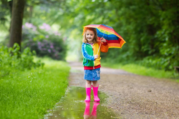 istock Child playing in the rain with umbrella 679904414