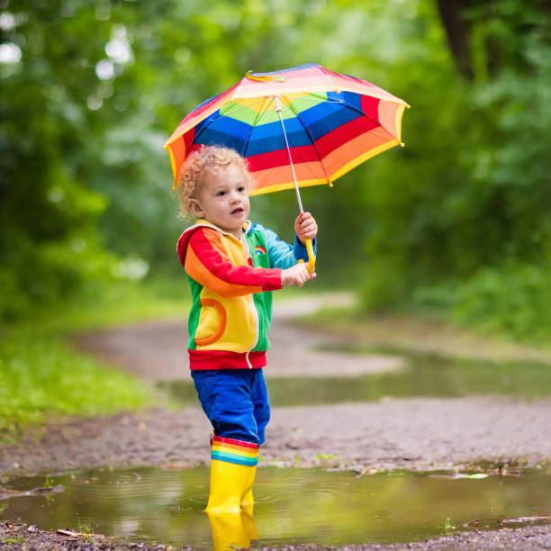 istock Child playing in the rain under umbrella 679907048