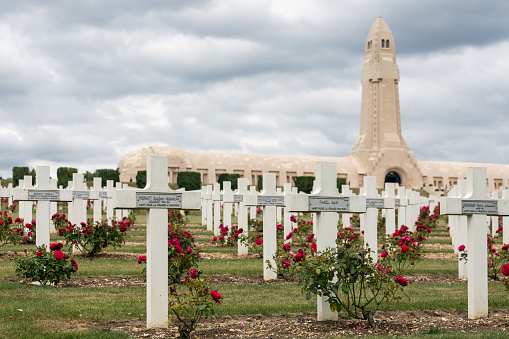 VERDUN, FRANCE - AUGUST 19, 2016: Douaumont ossuary and cemetery for First World War One soldiers who died at Battle of Verdun