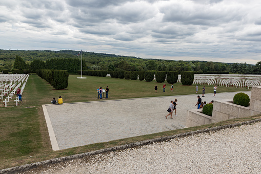 VERDUN, FRANCE - AUGUST 19, 2016: Visitors at Cemetery for First World War One soldiers who died at Battle of Verdun