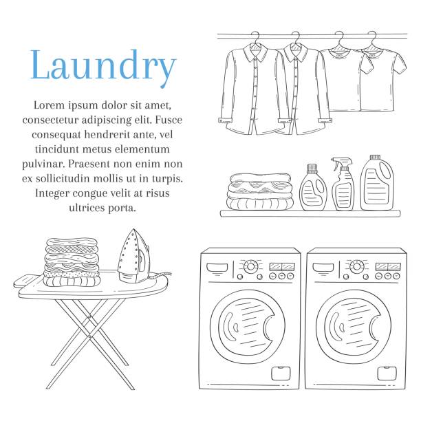 Laundry room with washing machine, iron, ironing board, detergent, folded clothes and clothes hanging on hangers, vector illustration, hand drawn sketch style Laundry room with washing machine, iron, ironing board, detergent, folded clothes and clothes hanging on hangers, vector illustration, hand drawn sketch style. utility room stock illustrations