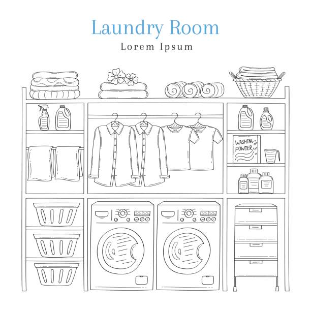 Laundry room interior with washing machine, detergent, laundry basket, folded clothes and clothes hanging on hangers, vector illustration, hand drawn sketch style Laundry room interior with washing machine, detergent, laundry basket, folded clothes and clothes hanging on hangers, vector illustration, hand drawn sketch style. utility room stock illustrations