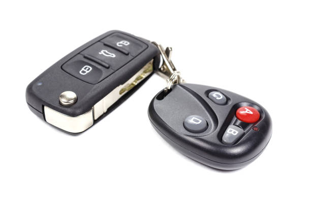 istock Garage door remote control with closed ignition key on a white background 679916268