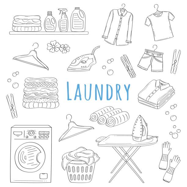 illustrazioni stock, clip art, cartoni animati e icone di tendenza di servizio lavanderia disegnato a mano doodle icone set, illustrazione vettoriale - iron laundry cleaning ironing board