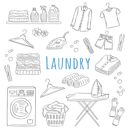 Laundry service hand drawn doodle icons set, vector illustration. Washing, drying and ironing symbols, washing machine, laundry basket, clothes, iron, ironing board, hanger, folded shirts, clothespin.