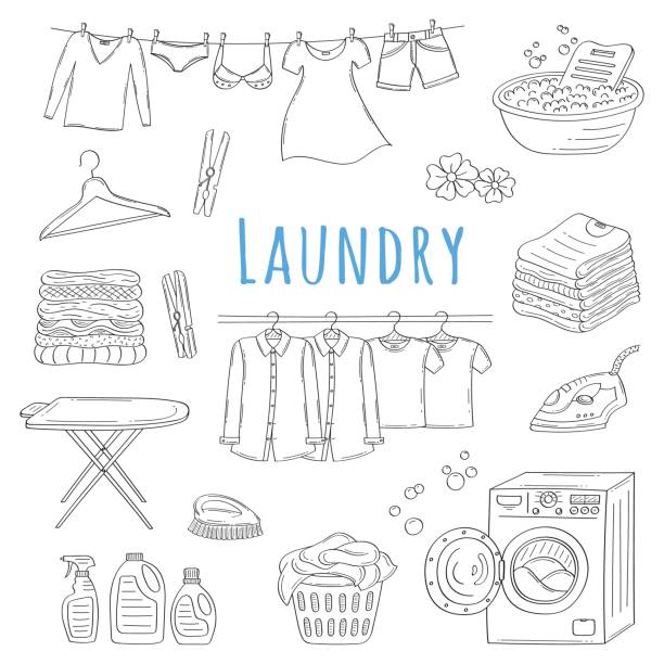 illustrazioni stock, clip art, cartoni animati e icone di tendenza di servizio lavanderia disegnato a mano doodle icone set, illustrazione vettoriale - iron laundry cleaning ironing board