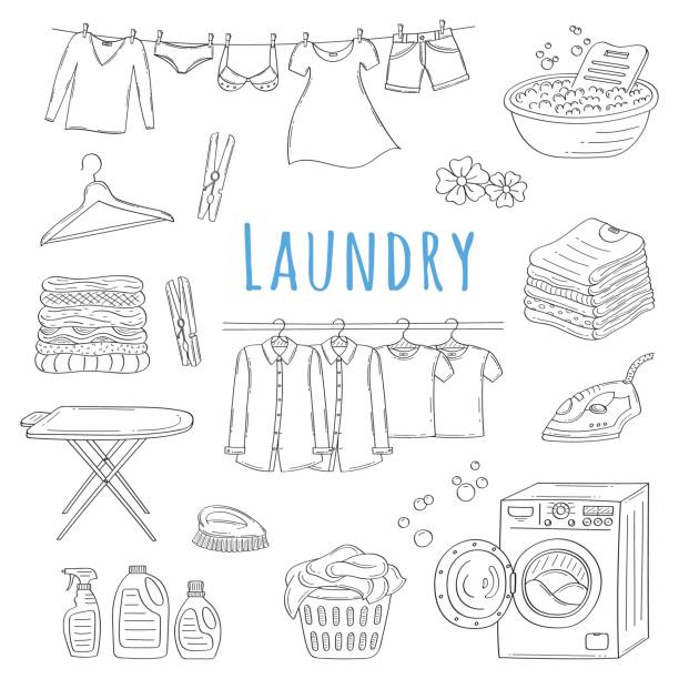 ランドリー サービス手描き落書きアイコン、ベクトル イラスト - iron laundry cleaning ironing board点のイラスト素材／クリップアート素材／マンガ素材／アイコン素材