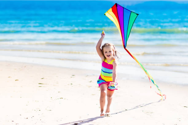 istock Child flying kite on tropical beach 679917232