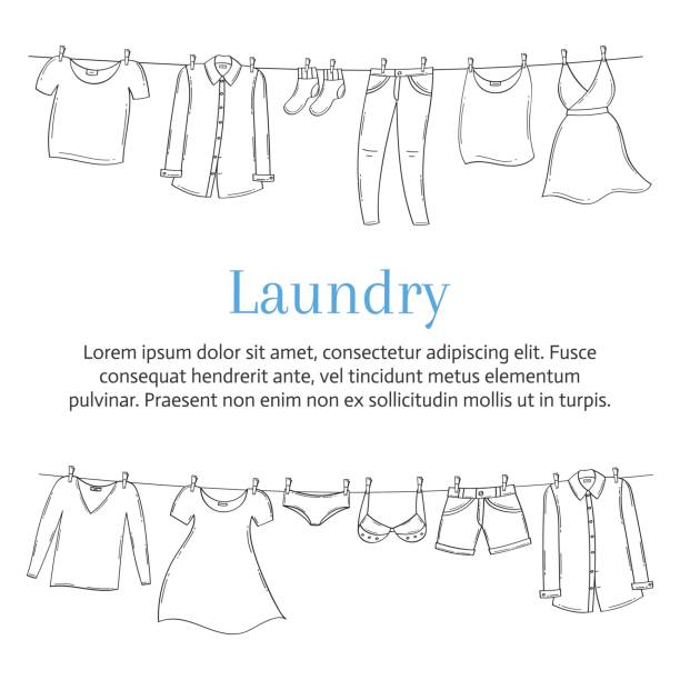 illustrations, cliparts, dessins animés et icônes de modèle de bannière de service de blanchisserie avec des vêtements masculins et féminins, suspendu à une corde à linge, croquis dessiné main, illustration vectorielle - silhouette isolated pants adult