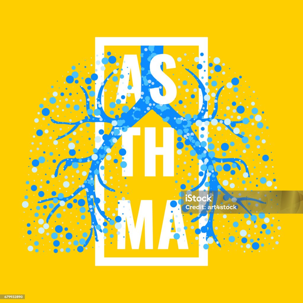 Asthma disease poster Asthma awareness frame poster with lungs filled with air bubbles on yellow background. Bronchial disease symbol. Medical template for pulmonary clinics and centers. Vector illustration. Asthmatic stock vector