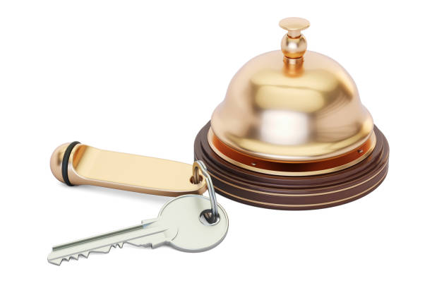 istock Hotel key and reception bell, 3D rendering isolated on white background 679935850