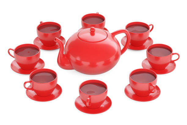 istock Red cups with teapot, 3D rendering isolated on white background 679935968