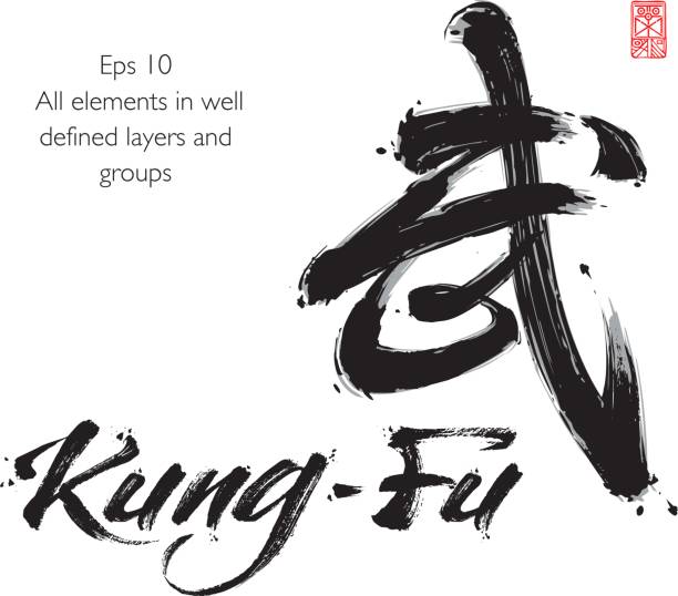 illustrazioni stock, clip art, cartoni animati e icone di tendenza di kung fu lettering e sumbol calligrafico cinese - kung fu