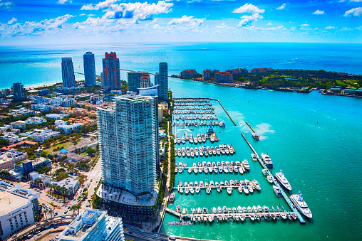 The Miami Beach area highlighting a marina along the Biscayne Bay shot from an altitude of about 900 feet during a helicopter photo flight.
