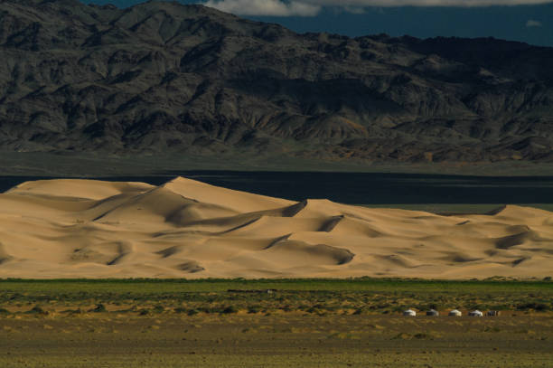 Typical mongolian landscape and steppe with horses and yurt