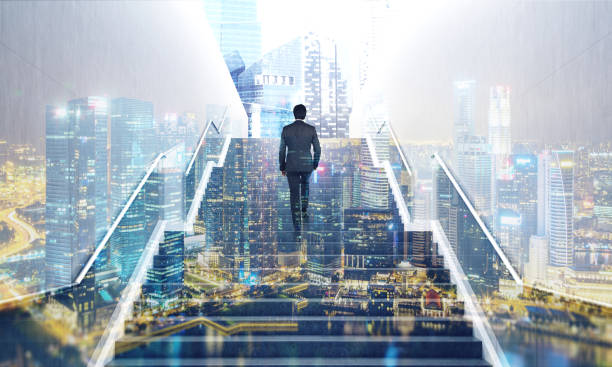istock Man on stairs, night city 679953684