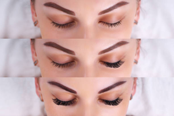 Eyelash Extension Procedure. Comparison of female eyes before and after