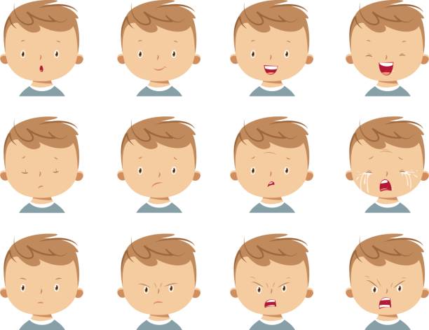 ilustrações, clipart, desenhos animados e ícones de menino de expressões de rosto - happy sad face man