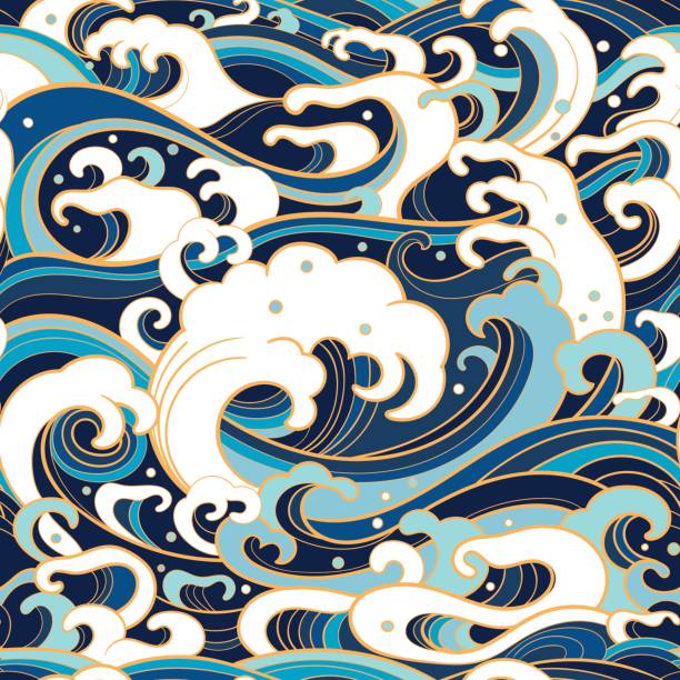 marine seamless pattern with water waves vector art illustration
