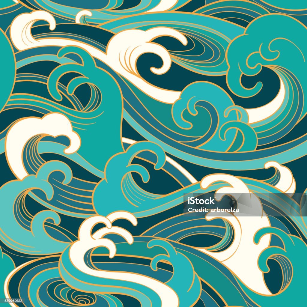 marine seamless pattern with water waves Traditional oriental seamless pattern with ocean waves, foam, splashes. Vector backdrop Wave Pattern stock vector