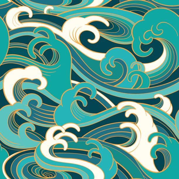 marine seamless pattern with water waves vector art illustration