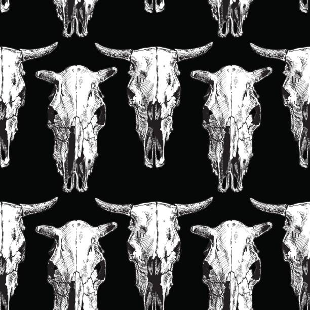 ilustrações de stock, clip art, desenhos animados e ícones de seamless pattern with cow and bull skull - animal skull cow animal black background