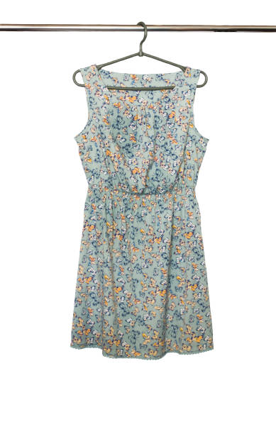 istock Summer dress with a butterfly pattern hanging on a hanger, isolated 679972962