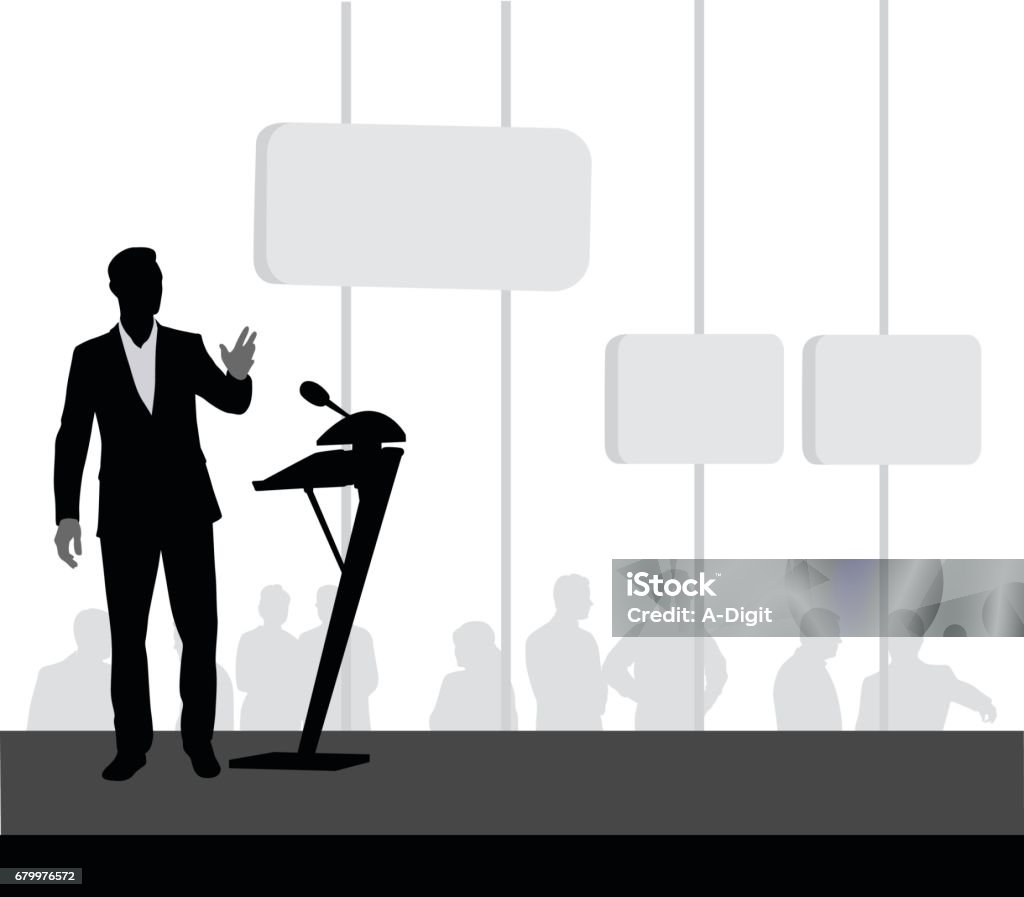 Stage Talker Silhouette vector illustrations of a business man giving a presentation at a podium Public Speaker stock vector