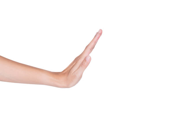 istock Female hand stop palm gesture isolated on white background 679986022