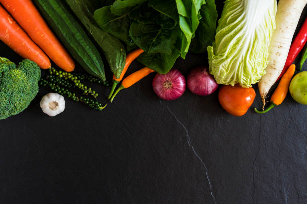 istock Fresh farmers market fruit and vegetable from above with copy space 679988074