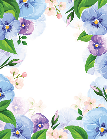 Vector background with blue and purple pansy flowers and green leaves.