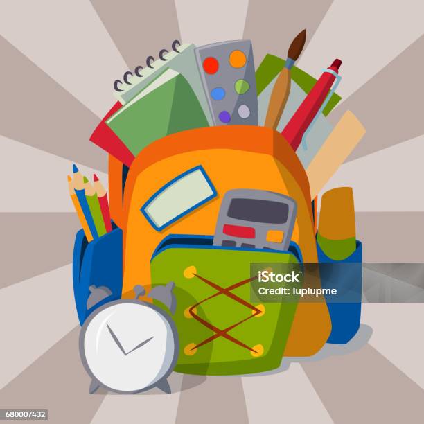 Rucksack Voller Schule Lieferungen Student Gepäck Ausrüstung Ausbildung Objekt Vektorillustration Stock Vektor Art und mehr Bilder von Rucksack