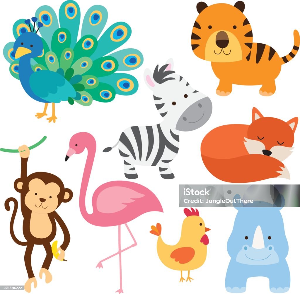 Cute Baby Animal Vector illustration of cute baby animal including peacock, flamingo, zebra, tiger, fox, monkey, chicken and rhino. Cute stock vector