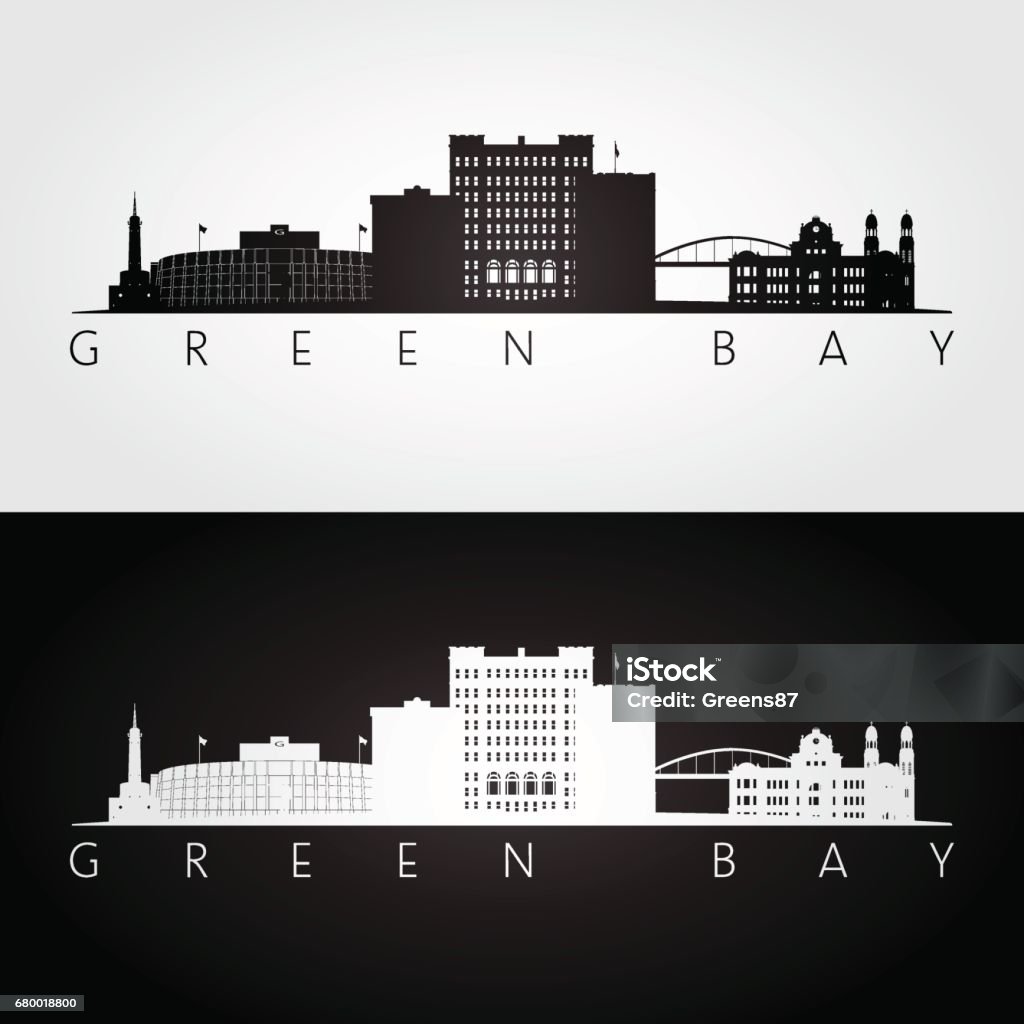 Green Bay USA skyline and landmarks silhouette, black and white design, vector illustration. Green Bay stock vector