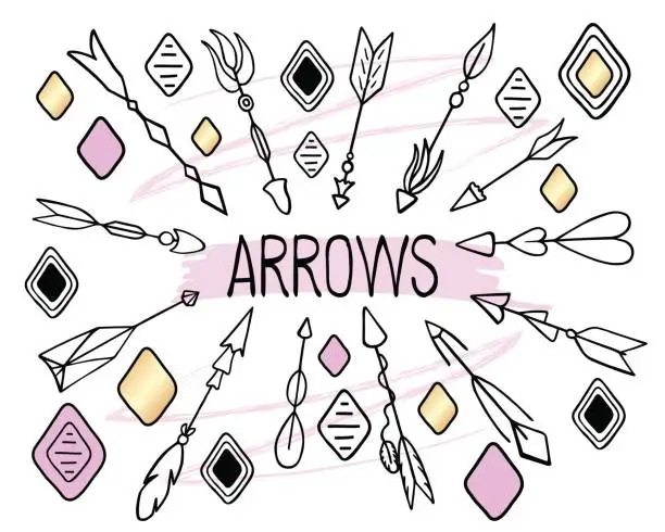 Vector illustration of Arrows vector clipart on white background. Hand-drawn arrows in boho style.