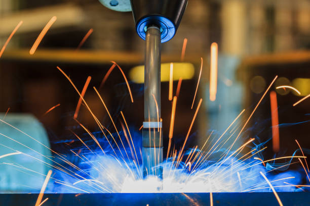istock Close up torch body of robot welding 680032000